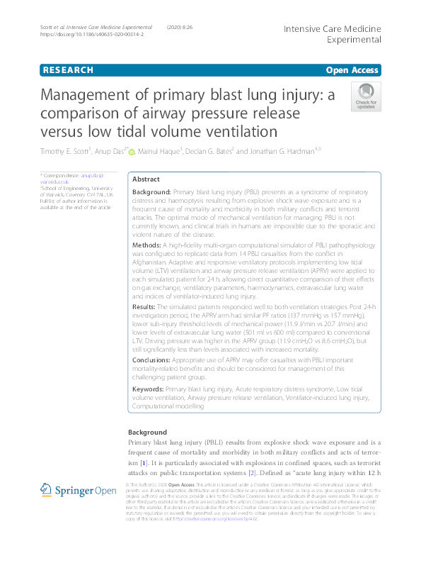 Management of primary blast lung injury: a comparison of airway pressure release versus low tidal volume ventilation Thumbnail