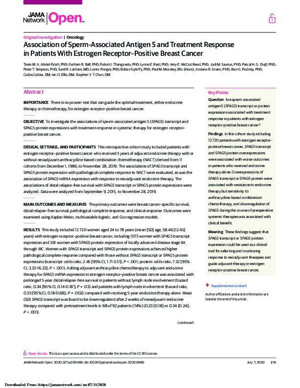 Association of Sperm-Associated Antigen 5 and Treatment Response in Patients With Estrogen Receptor–Positive Breast Cancer Thumbnail