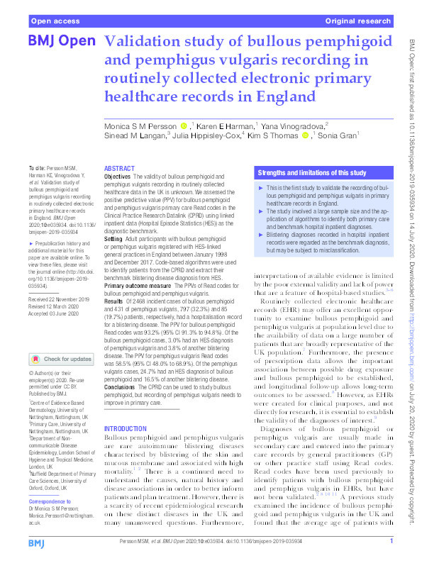 Validation study of bullous pemphigoid and pemphigus vulgaris recording in routinely collected electronic primary healthcare records in England Thumbnail