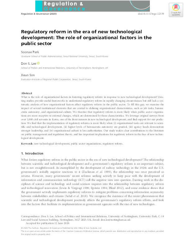 Regulatory Reform in the Era of New Technological Development: The Role of Organizational Factors in the Public Sector Thumbnail