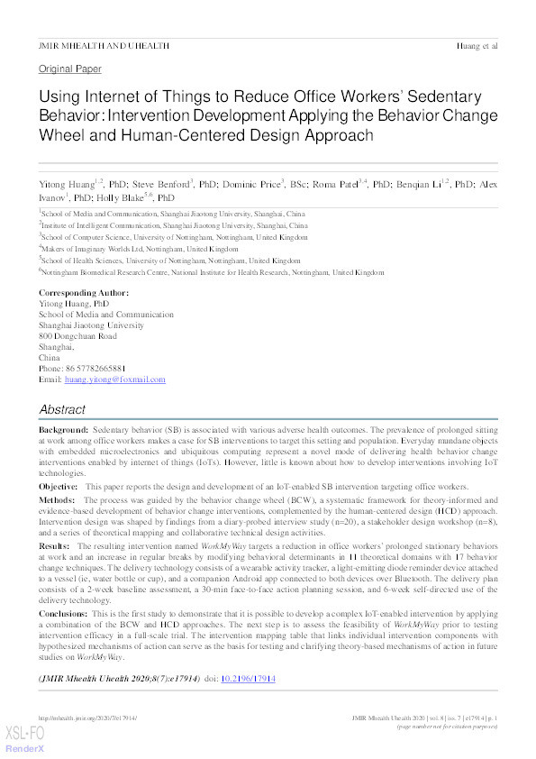 Using Internet of Things to Reduce Office Workers’ Sedentary Behavior: Intervention Development Applying the Behavior Change Wheel and Human-Centered Design Approach Thumbnail