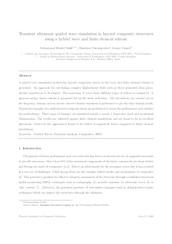 Transient ultrasonic guided wave simulation in layered composite structures using a hybrid wave and finite element scheme Thumbnail