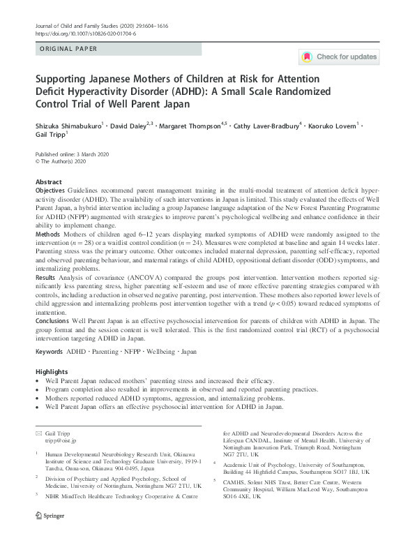 Supporting Japanese Mothers of Children at Risk for Attention Deficit Hyperactivity Disorder (ADHD): A Small Scale Randomized Control Trial of Well Parent Japan Thumbnail