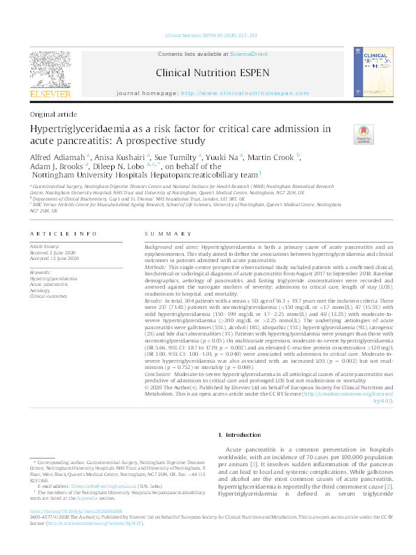 Hypertriglyceridaemia as a risk factor for critical care admission in acute pancreatitis: A prospective study Thumbnail