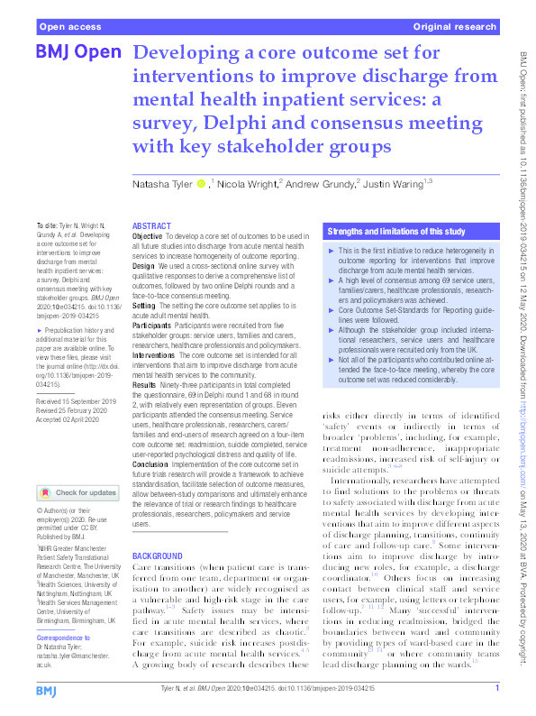 Developing a core outcome set for interventions to improve discharge from mental health inpatient services: a survey, Delphi and consensus meeting with key stakeholder groups Thumbnail