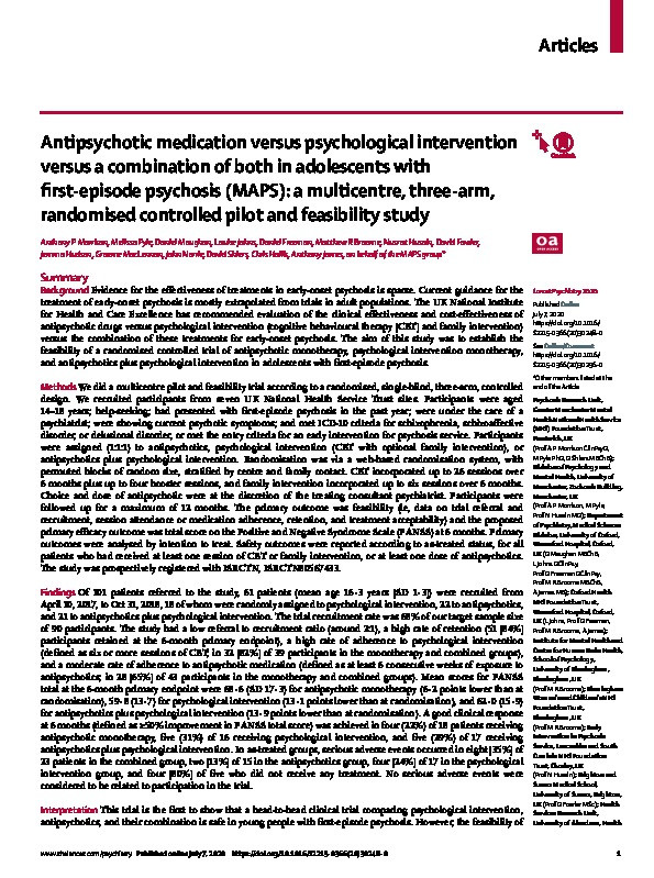 Antipsychotic medication versus psychological intervention versus a combination of both in adolescents with first-episode psychosis (MAPS): a multicentre, three-arm, randomised controlled pilot and feasibility study Thumbnail