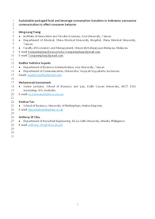 Sustainable packaged food and beverage consumption transition in Indonesia: Persuasive communication to affect consumer behavior Thumbnail