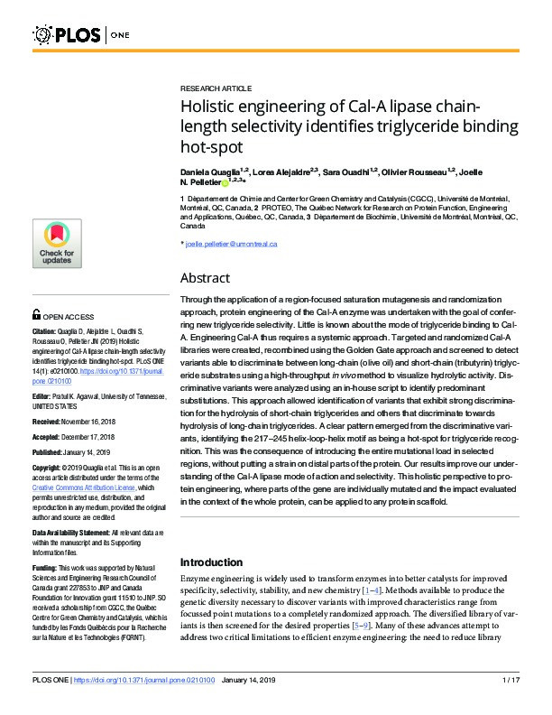 Holistic engineering of Cal-A lipase chain-length selectivity identifies triglyceride binding hot-spot Thumbnail
