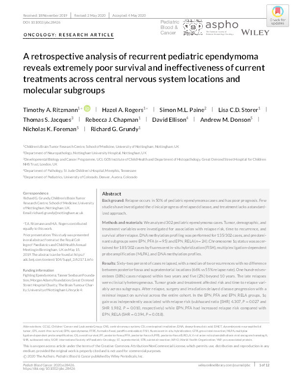 A retrospective analysis of recurrent pediatric ependymoma reveals extremely poor survival and ineffectiveness of current treatments across central nervous system locations and molecular subgroups Thumbnail