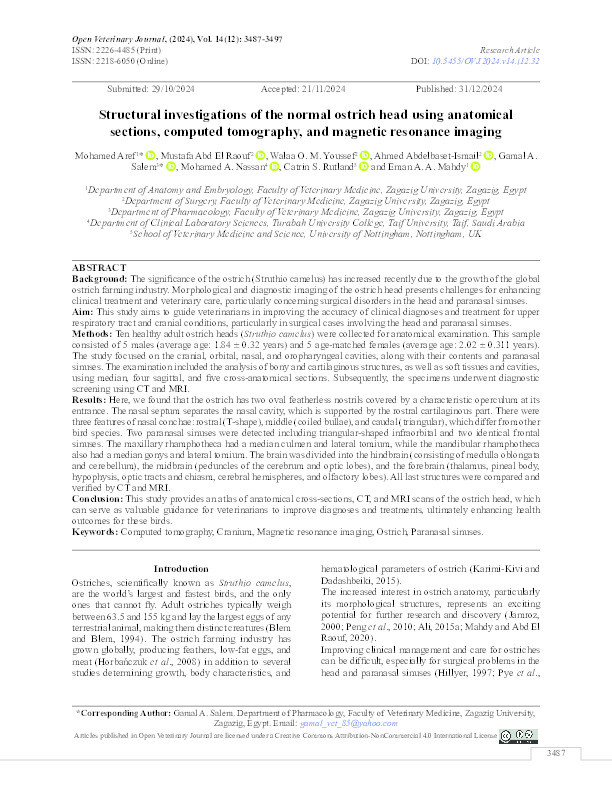 Structural investigations of the normal ostrich head using anatomical sections, computed tomography, and magnetic resonance imaging Thumbnail