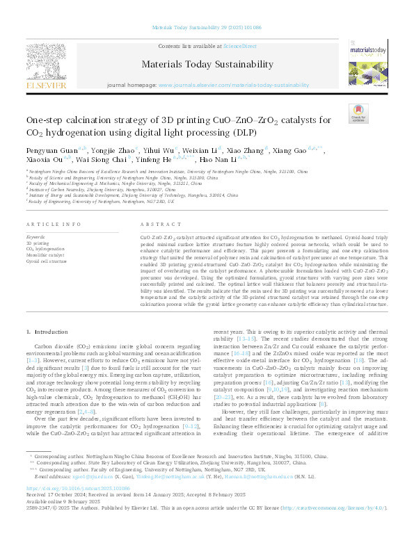 One-step calcination strategy of 3D printing CuO–ZnO–ZrO2 catalysts for CO2 hydrogenation using digital light processing (DLP) Thumbnail