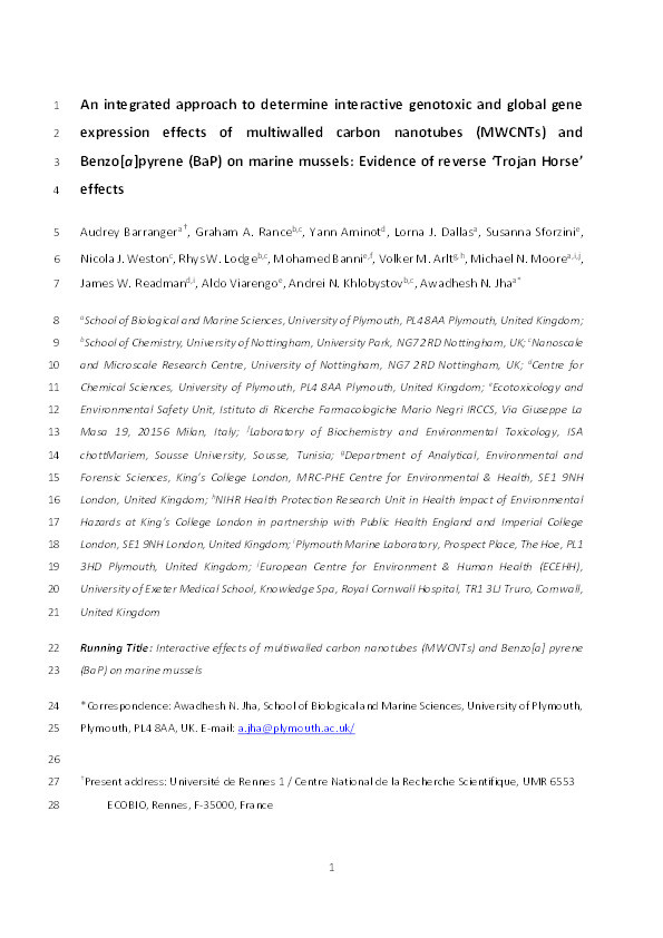 An integrated approach to determine interactive genotoxic and global gene expression effects of multiwalled carbon nanotubes (MWCNTs) and benzo[a]pyrene (BaP) on marine mussels: evidence of reverse ‘Trojan Horse’ effects Thumbnail