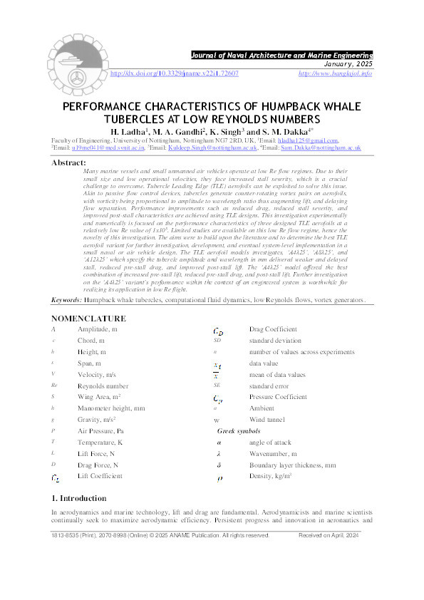 Performance characteristics of humpback whale tubercles at low Reynolds numbers Thumbnail