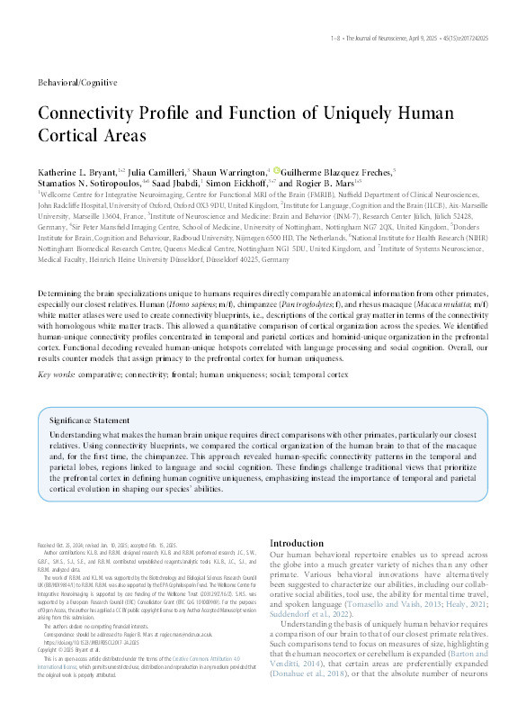Connectivity Profile and Function of Uniquely Human Cortical Areas Thumbnail