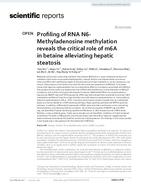 Profiling of RNA N6-Methyladenosine methylation reveals the critical role of m6A in betaine alleviating hepatic steatosis Thumbnail