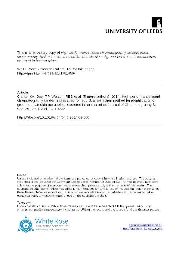 High performance liquid chromatography tandem mass spectrometry dual extraction method for identification of green tea catechin metabolites excreted in human urine Thumbnail