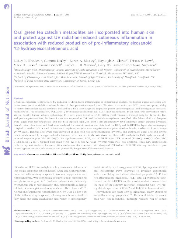 Oral green tea catechin metabolites are incorporated into human skin and protect against UV radiation-induced cutaneous inflammation in association with reduced production of pro-inflammatory eicosanoid 12-hydroxyeicosatetraenoic acid Thumbnail