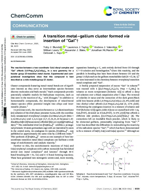 A transition metal–gallium cluster formed via insertion of “GaI” Thumbnail