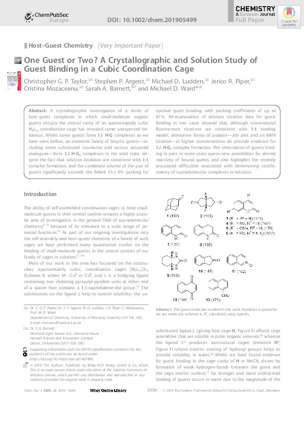 One Guest or Two? A Crystallographic and Solution Study of Guest Binding in a Cubic Coordination Cage Thumbnail