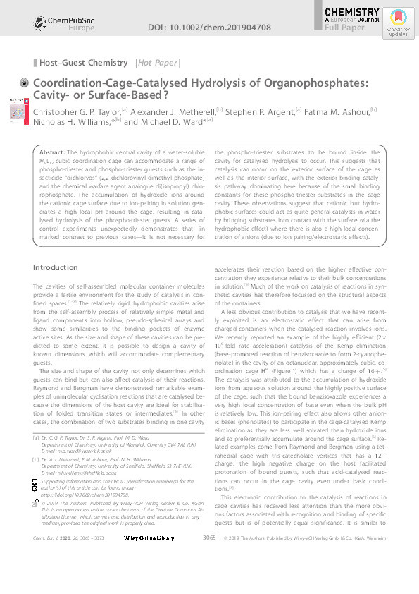 Coordination‐Cage‐Catalysed Hydrolysis of Organophosphates: Cavity‐ or Surface‐Based? Thumbnail