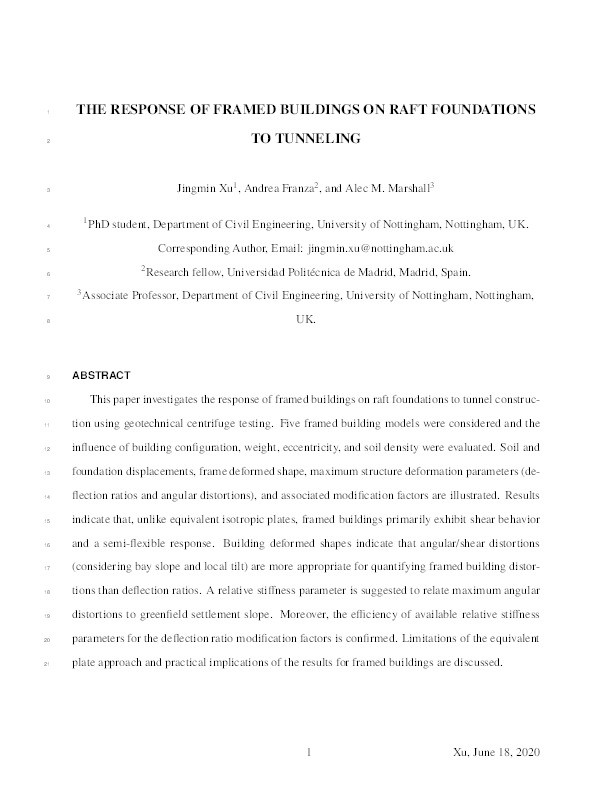 Response of Framed Buildings on Raft Foundations to Tunneling Thumbnail