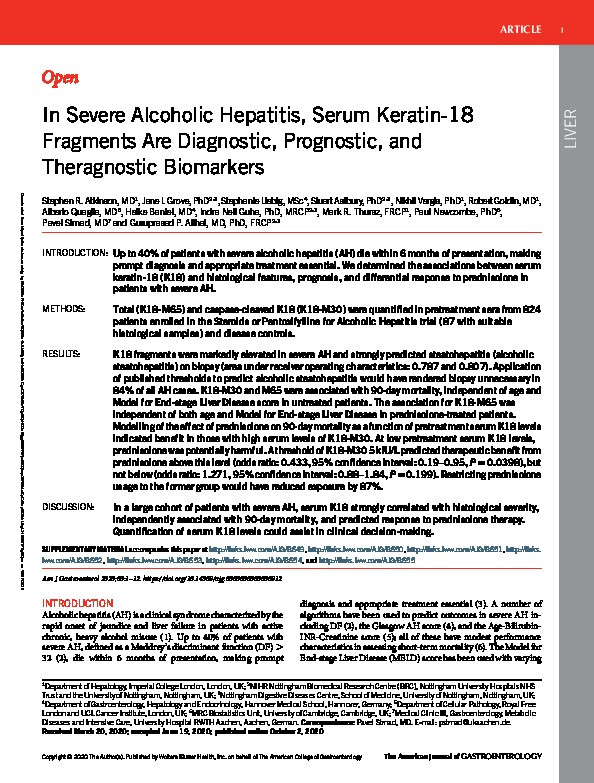 In severe alcoholic hepatitis, serum cytokeratin-18 fragments are diagnostic, prognostic and theragnostic biomarkers Thumbnail