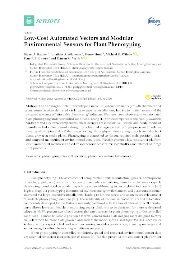 Low-cost automated vectors and modular environmental sensors for plant phenotyping Thumbnail