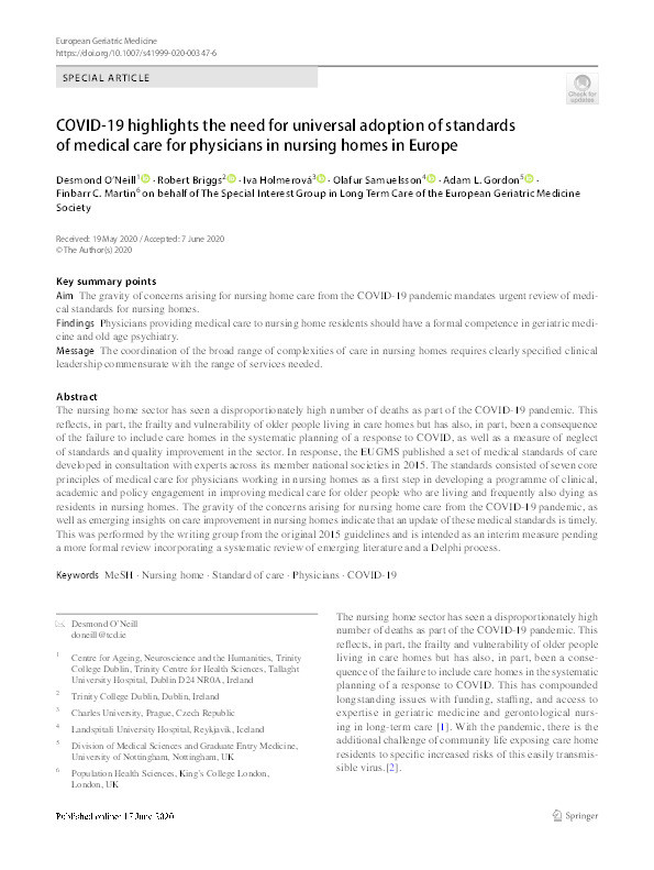 COVID-19 highlights the need for universal adoption of standards of medical care for physicians in nursing homes in Europe Thumbnail