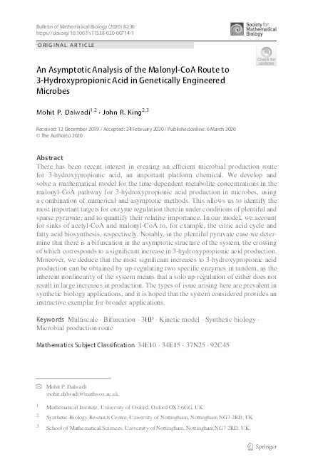 An asymptotic analysis of the malonyl-CoA route to 3-hydroxypropionic acid in genetically engineered microbes Thumbnail