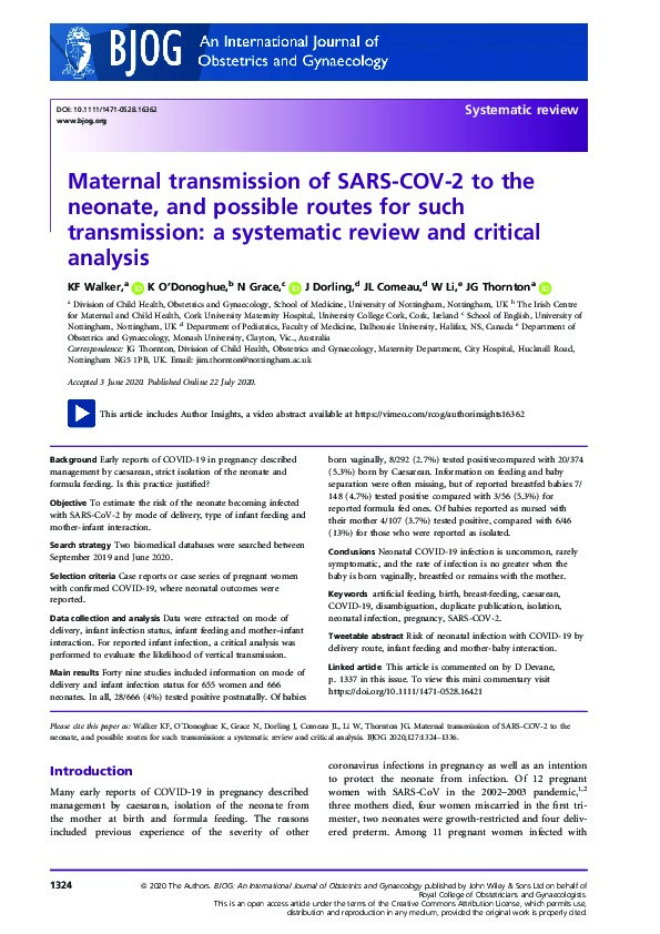 Maternal transmission of SARS?COV?2 to the neonate, and possible routes for such transmission: a systematic review and critical analysis Thumbnail