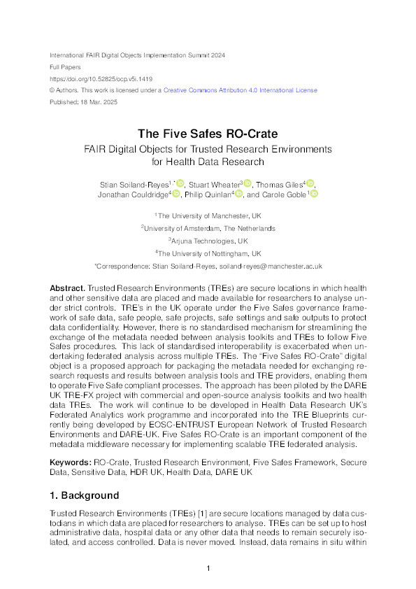 The Five Safes RO-Crate: FAIR Digital Objects for Trusted Research Environments for Health Data Research Thumbnail