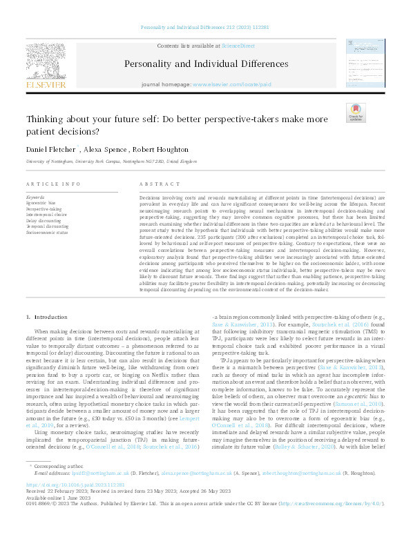 Thinking about your future self: Do better perspective-takers make more patient decisions? Thumbnail