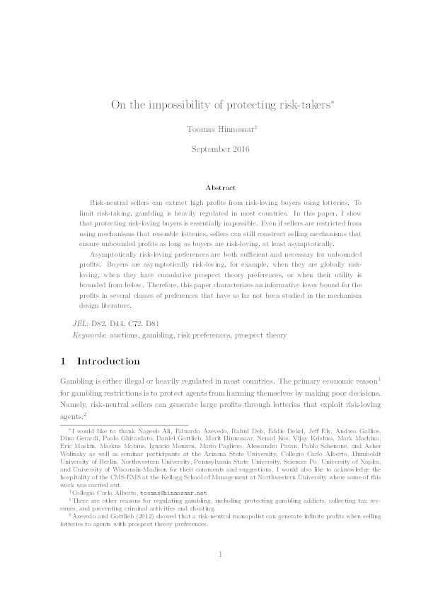 On the Impossibility of Protecting Risk‐takers Thumbnail