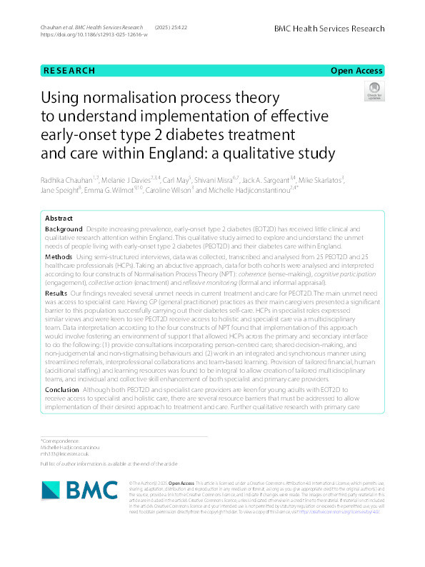 Using normalisation process theory to understand implementation of effective early-onset type 2 diabetes treatment and care within England: a qualitative study Thumbnail
