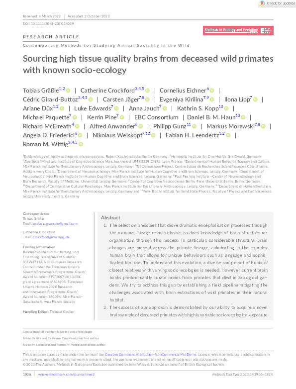 Sourcing high tissue quality brains from deceased wild primates with known socio‐ecology Thumbnail