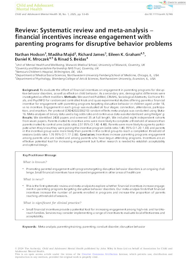 Review: Systematic review and meta-analysis – financial incentives increase engagement with parenting programs for disruptive behavior problems Thumbnail
