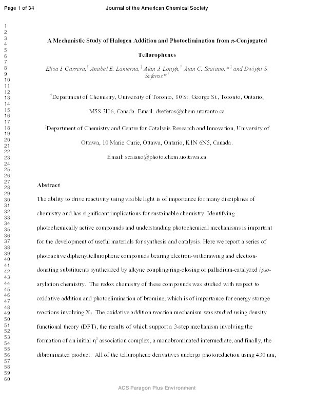 A Mechanistic Study of Halogen Addition and Photoelimination from π-Conjugated Tellurophenes Thumbnail