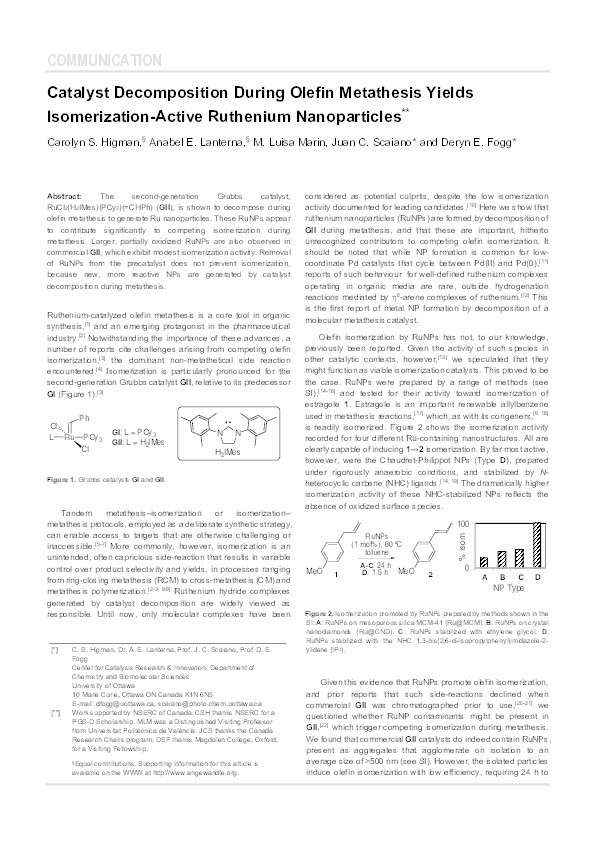 Catalyst Decomposition during Olefin Metathesis Yields Isomerization-Active Ruthenium Nanoparticles Thumbnail