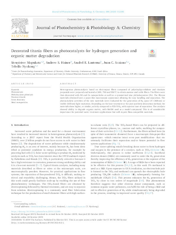 Decorated titania fibers as photocatalysts for hydrogen generation and organic matter degradation Thumbnail