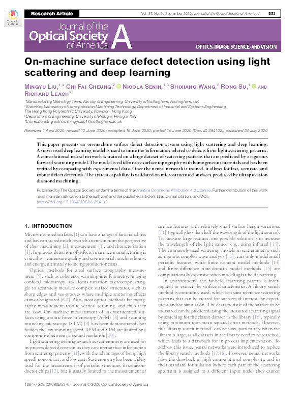 On-machine surface defect detection using light scattering and deep learning Thumbnail