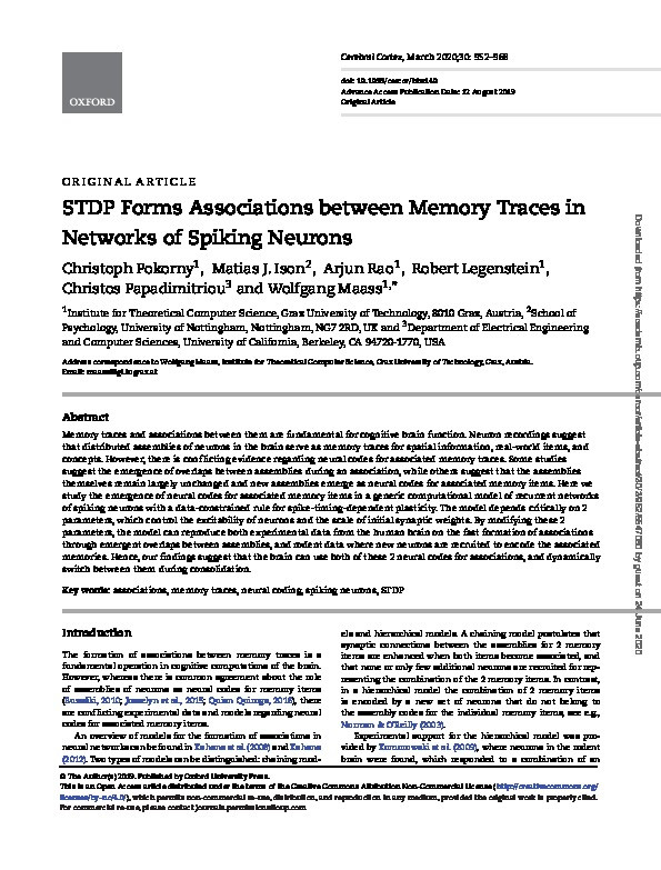 STDP Forms Associations between Memory Traces in Networks of Spiking Neurons Thumbnail