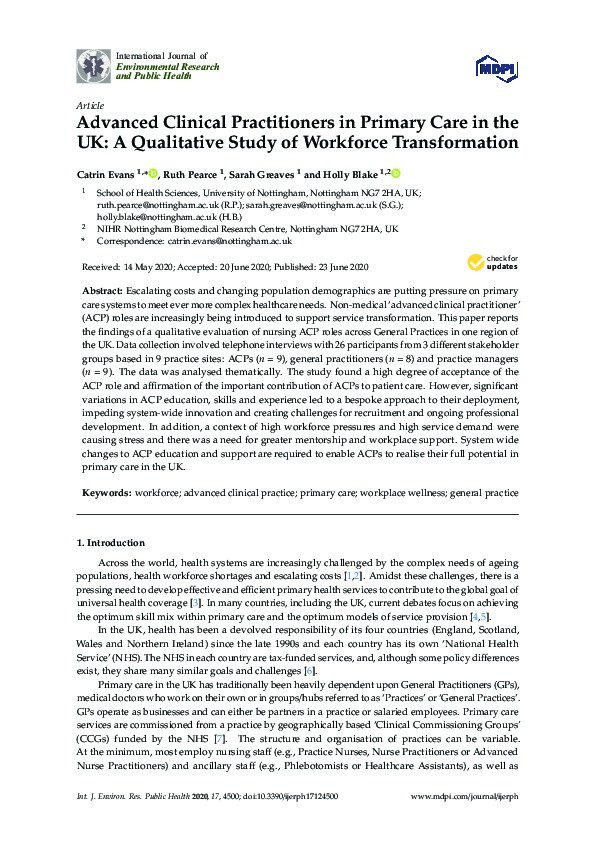 Advanced clinical practitioners in primary care in the UK: A qualitative study of workforce transformation Thumbnail