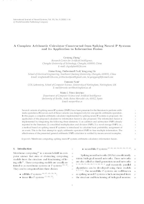 A Complete Arithmetic Calculator Constructed from Spiking Neural P Systems and its Application to Information Fusion Thumbnail