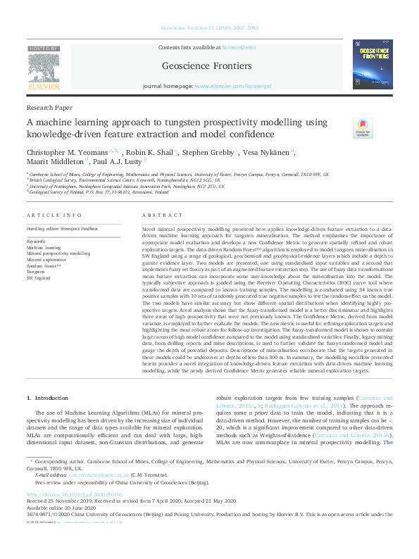 A machine learning approach to tungsten prospectivity modelling using knowledge-driven feature extraction and model confidence Thumbnail