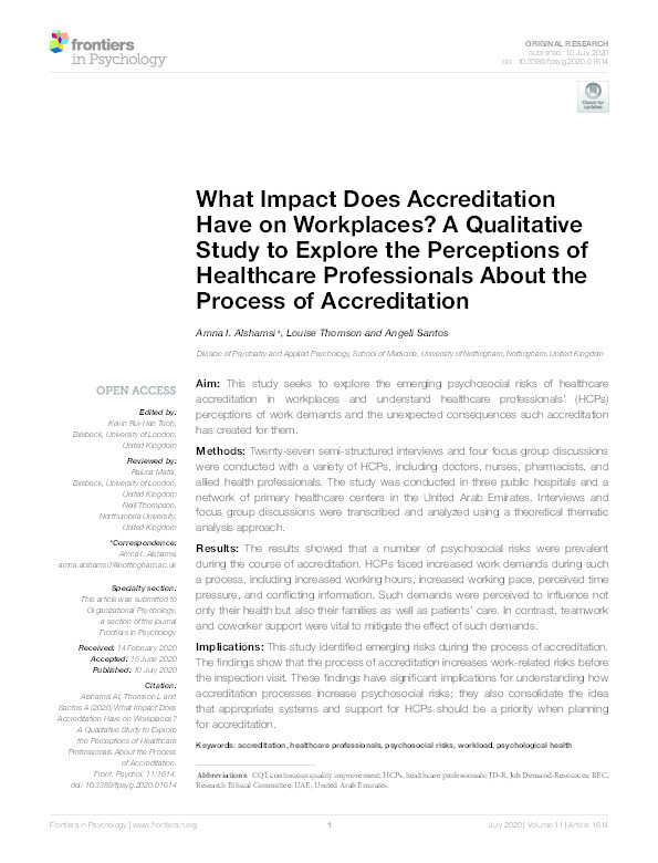 What Impact Does Accreditation Have on Workplaces? A Qualitative Study to Explore the Perceptions of Healthcare Professionals About the Process of Accreditation Thumbnail