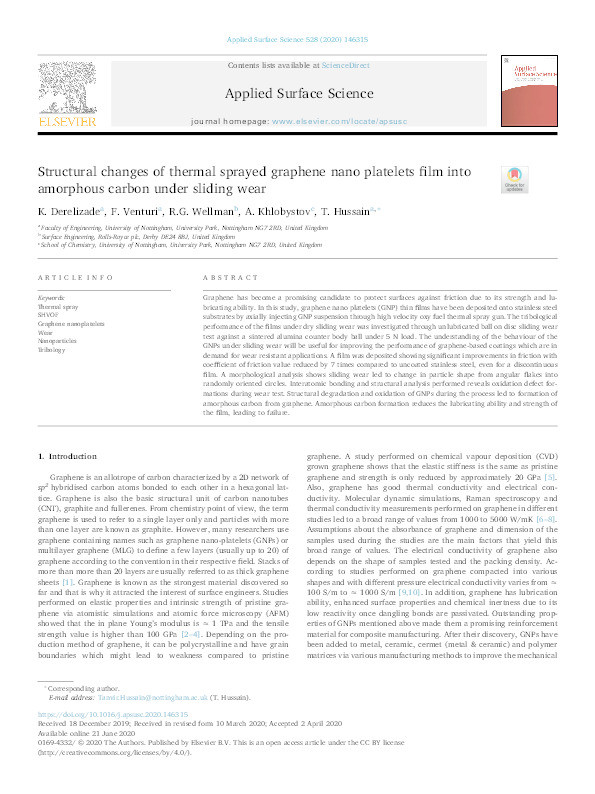 Structural changes of thermal sprayed graphene nano platelets film into amorphous carbon under sliding wear Thumbnail