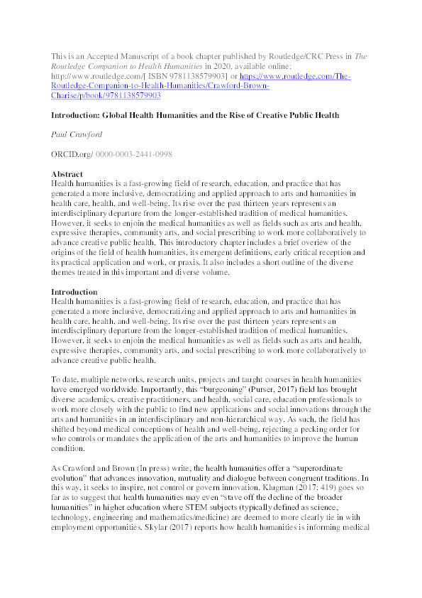 Introduction: Global Health Humanities and the Rise of Creative Public Health Thumbnail