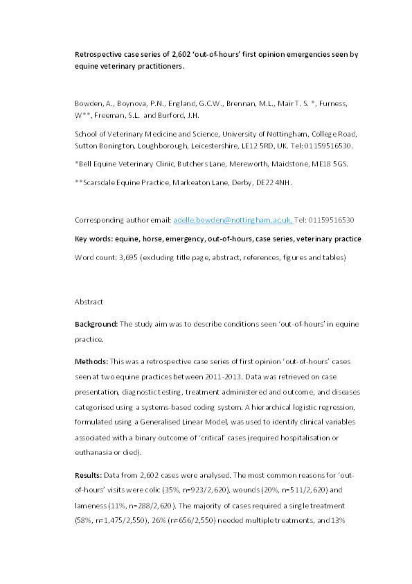 Retrospective case series to identify the most common conditions seen ‘out-of-hours’ by first-opinion equine veterinary practitioners Thumbnail