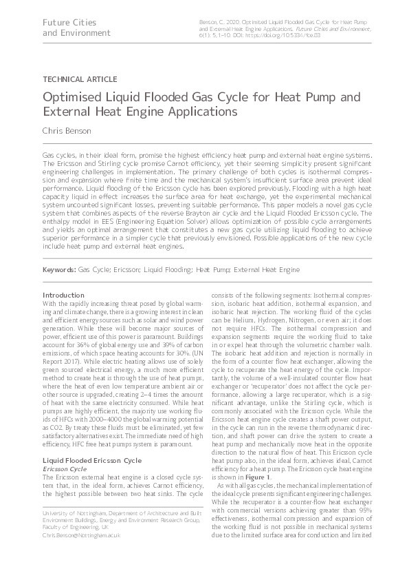 Optimised Liquid Flooded Gas Cycle for Heat Pump and External Heat Engine Applications Thumbnail