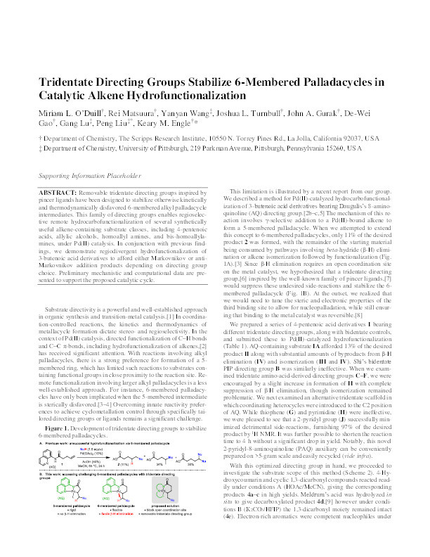 Tridentate Directing Groups Stabilize 6-Membered Palladacycles in Catalytic Alkene Hydrofunctionalization Thumbnail